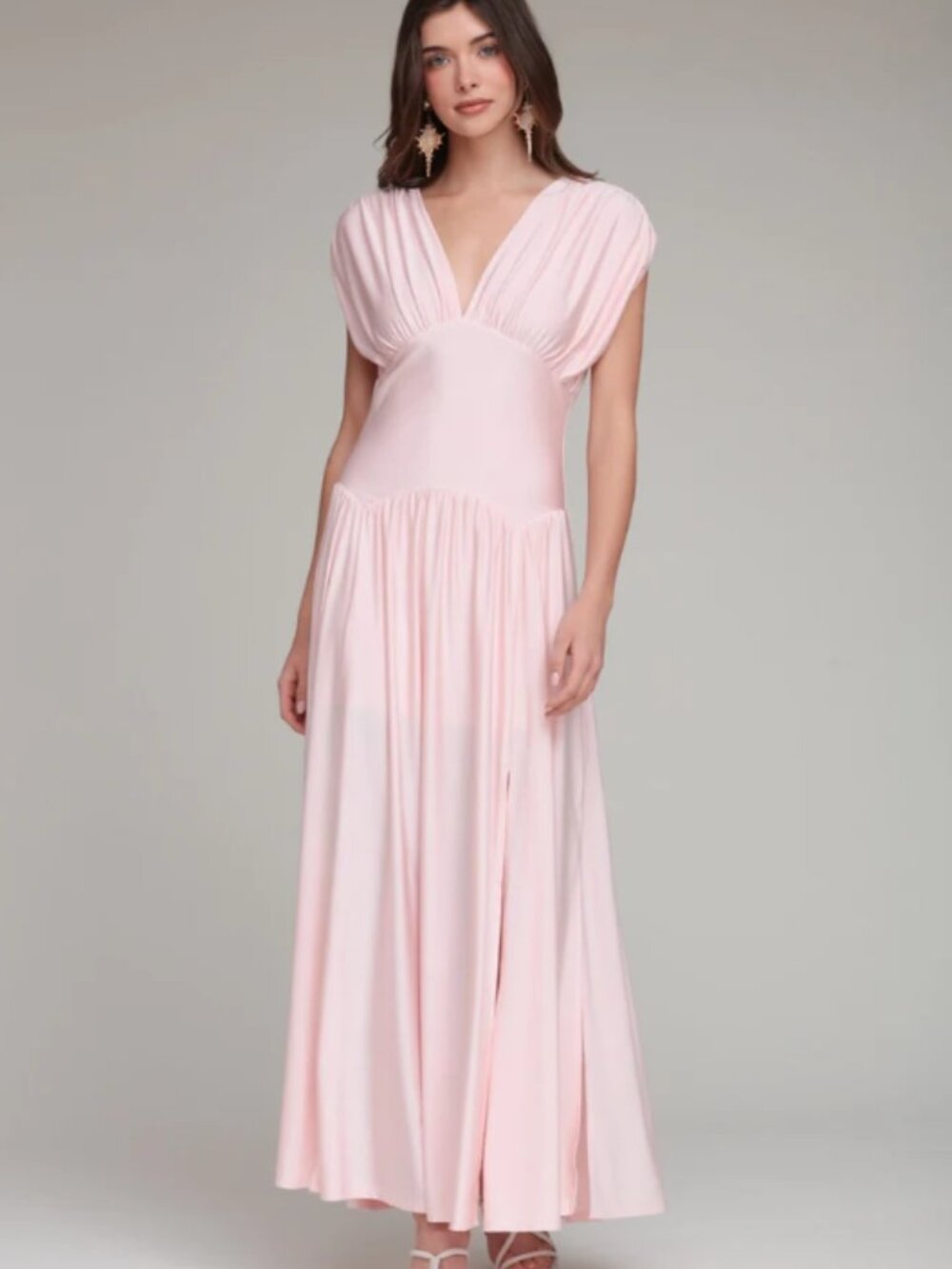Avec Les Filles Shirred Jersey Maxi Dress – Baby Pink – XL – Plunge & Side Slits